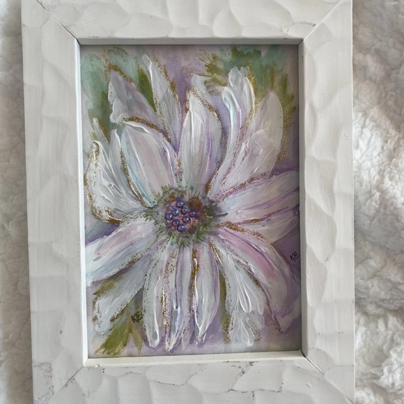 Other - White, pastel textured mixed media floral painting  Framed 9x7 inches OOAK